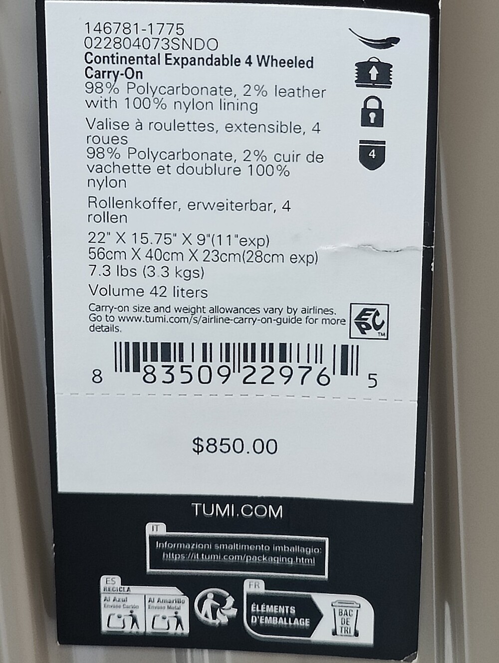✨NWT Tumi V4 Continental Expandable 4 Wheeled Spinner Carry-On (Sand) 22" - Picture 2 of 16